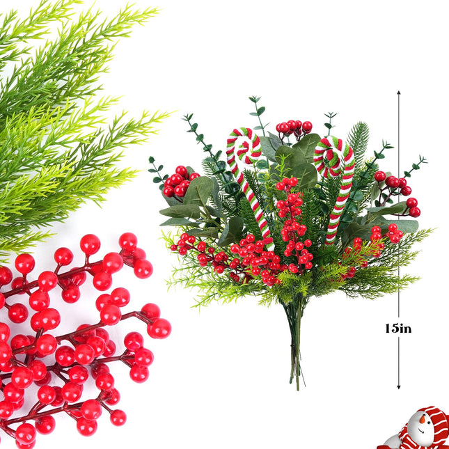 10 Pcs Christmas Flowers Artificial Pine Branches with Red Berry Stems Christmas Tree Picks Floral Arrangements for Xmas Tree Topper Vase Filler Craft Wreath Holiday Party (Red&Green)