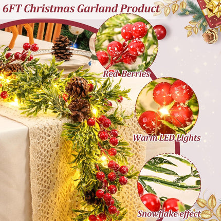 MARTINE MALL 6FT Christmas Garland, Pre-lit Christmas Garland with 20 LED Lights, Battery Operated Christmas Lighted Garland with Snowflakes Red Berry Christmas Garland for Mantle Fireplace