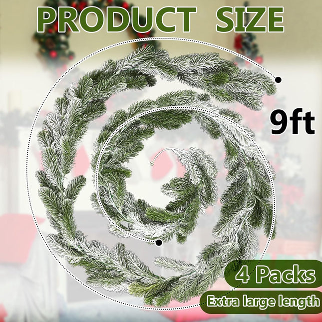 Lyrow 4 Pcs Christmas Garlands Pine Garland Artificial Winter Snowy Greenery Garland White Cedar Garland Faux Indoor Outdoor Pine Garland for Mantel Fireplace Stairway Xmas Decorations(4 Pcs,9 ft)