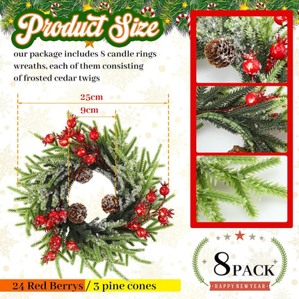 8 Pcs Christmas Candle Rings Artificial Berries Pine Cone Candle Ring 10 Inch Wreaths Rustic Christmas Candle Holder Rings for Pillar Table Centerpiece Decoration Wedding Holiday