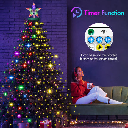 Solar Christmas Tree Lights with Star Topper, 410 LED 6.6FT x 16 Lines Christmas String Lights with 19 Models Timer Remote, Waterfall Tree Lights USB Powered for Xmas Tree(Warm White & Multi-Colored)