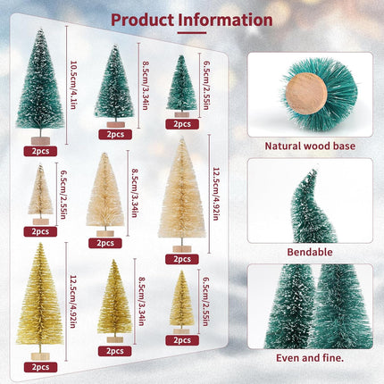 Fangoo 46pcs Mini Christmas Bottle Brush Trees with Christmas Figurines Ornaments Artificial Miniature Tree Wooden Base for Decorating Christmas Parties and Winter Craft