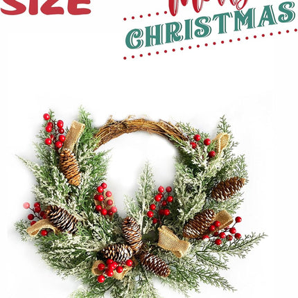 Christmas Artificial Wreath for Front Door, Outdoor Christmas Wreath Flocked with Mixed Decorations, Holiday Greenery Wreath with Pinecones, Red Berries, and Snowflake, 23 inches