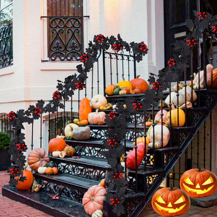 2 Pack Black Maple Leaf Garland Christmas Garland, Black Garland Christmas Red Berry Garland Outdoor Fall Garland Artificial Vine Autumn Garland Hanging Mantle Porch Table Decor