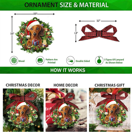 Talataca Dachshund Wearing A Hat Wreath Doxie Dog Lover 2D Flat Christmas Tree Wood Ornament Decor Wooden Hanging Decoration House Present Xmas Eve Keepsake Decorative