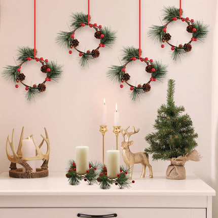 10 Set Christmas Candle Rings Wreaths Christmas Red Berries Candle Rings for Pillars with 10 Metal Candle Holders Small Christmas Wreath Decorations for Xmas Party Favors Wedding