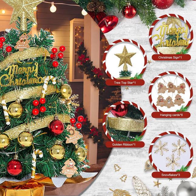 HUAESIN 22 Inch Mini Artificial Christmas Tree with 20 LED String Lights Star Tree Hanging Ornaments Prelit Xmas Tree Tabletop Small Xmas Tree for Holiday Indoor DIY Christmas Decor