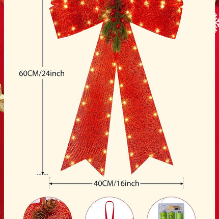 LED Red Bows Christmas Decorations, 16'' x 24'' Christmas Bows for Wreaths with Timer, Tree Topper Bow with Realistic Red Berries Pine Cone Needles for Christmas, Party, Home Decoration