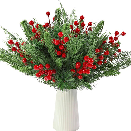 60 PCS Artificial Pine Branches Christmas Faux Pine Greenery Stems Red Holly Berries Fake Cedar Pine Needles Picks for Christmas Tree Wreath Garland DIY Crafts Holiday Home Decoration