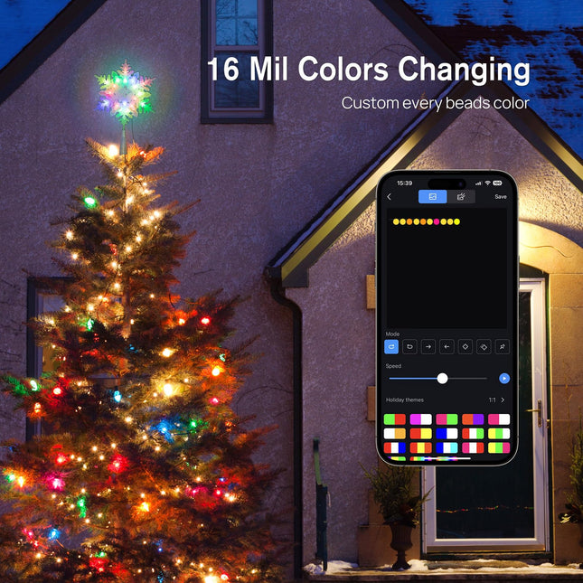 10” Smart Christmas Snowflake Tree Topper, 20 RGB LED Lights, 16 Mil. Colors Changing, Music Sync, Timer, Xmas Treetop Decorations