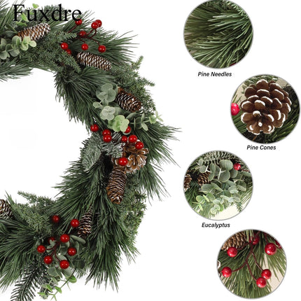 Christmas Wreath 16 Inch, Christmas Door Wreath with Pine Needles, Berry and Eucalyptus, Christmas Wreaths for Front Door Decor for Wall, Window or Mantel