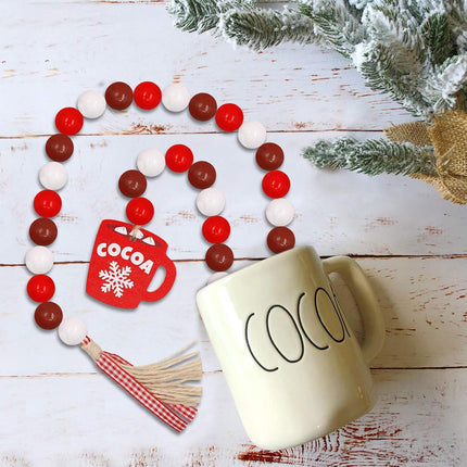 Hot Cocoa Wood Bead Garland Decorations Farmhouse Christmas Holiday Tiered Tray Decor Hot Chocolate Marshmallow Rustic Wooden Beads with Red Plaid Tassels Winter Year Ornaments