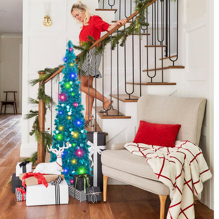 N&T NIETING Christmas Tree with Lights, 5ft Collapsible Pop Up Blue Tinsel Christmas Tree Coastal Christmas Tree for Holiday Xmas Decorations, Home Display, Office Decor