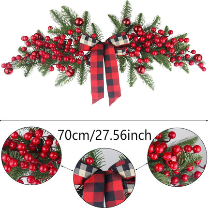Christmas Swag Decoration Floral Swag with Berries and Ribbon Bows Christmas Balls 27.56 Inch Greenery Christmas Swag Xmas Door Swag for Front Door Festival Decor Wall Arch Window