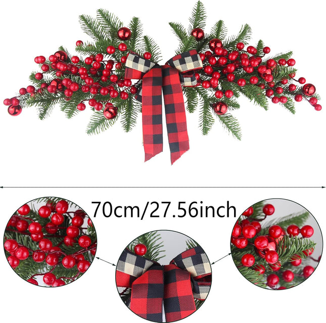 Christmas Swag Decoration Floral Swag with Berries and Ribbon Bows Christmas Balls 27.56 Inch Greenery Christmas Swag Xmas Door Swag for Front Door Festival Decor Wall Arch Window