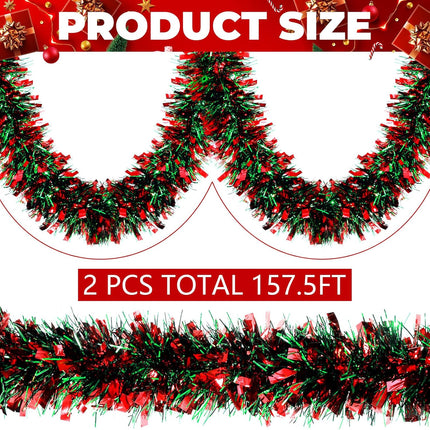 WILLBOND Christmas Tinsel Garland Xmas Metallic Tinsel Twist Garland Glitter Christmas Tree Hanging Wreath Decor for Staircase Railing Banister Indoor Outdoor Ornament (Red and Green, 157.5ft)