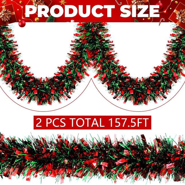 WILLBOND Christmas Tinsel Garland Xmas Metallic Tinsel Twist Garland Glitter Christmas Tree Hanging Wreath Decor for Staircase Railing Banister Indoor Outdoor Ornament (Red and Green, 157.5ft)