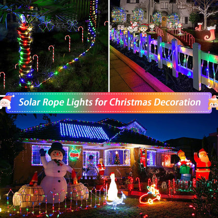 JMEXSUSS Solar Christmas Rope Lights, 2 Pack 100 LED IP 65 Solar Rope Lights Outdoor Waterproof, 33ft 8 Modes PVC Tube Solar Christmas Lights for Christmas Xmas Fence Walkway Path (Multicolor)