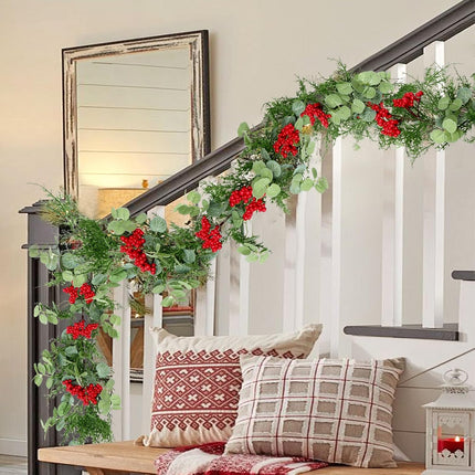 SOMYTING 6FT Christmas Garland, 2 Packs Artificial Eucalyptus Cedar Garland with Red Berry Artificial Red Berry Garland Faux Cypress Greenery Garland for Mantle Table Winter Christmas Holiday Decor