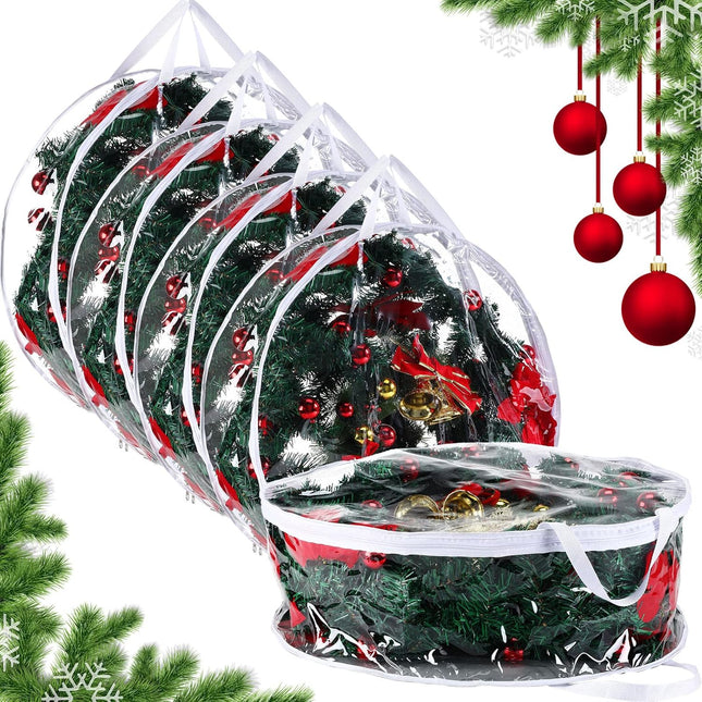 Zhengmy 5 Pcs 30 Inch Christmas Clear Wreath Storage Bags Xmas Wreath Storage Container Wreath Bags with Dual Zippers and Handles Christmas Wreath Storage Case for Holiday Garland Storage