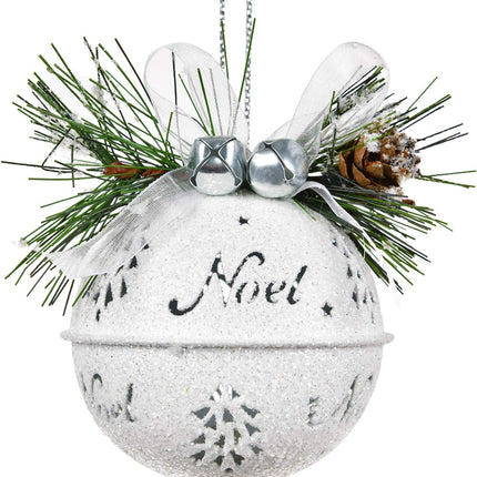 DearHouse 6 Pcs Big Christmas Jingle Bells, 3.4 Inch White Glitter Christmas Metal Sleigh Bells Rustic Craft Bells for Christmas Tree Wreath Garland Ornaments Holiday DIY Decorations