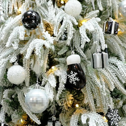 144 PCS Shatterproof Black White Christmas Tree Ornaments, Plastic Xmas Hanging Ball Set with Lanyard, Gloves, Box, Star, Xmas Tree Decor for Holiday Halloween Party