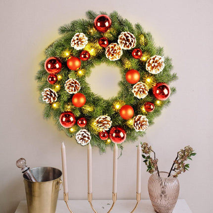 Lulu Home Christmas Front Door Wreath, 15.7" Pre-lit Wreath with Christmas Balls and Pine Cone, Battery Operated 40 LED Light Up Xmas Wreath Decorative Hanging Ornament