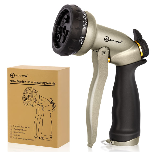 AUTOMAN Garden Hose Nozzle – 7 Patterns Sprayer, 100% Metal High Pressure Spray Nozzle, Labor-Saving Design, Heavy Duty Water Hose Nozzle for Garden Watering, Car Washing, Window Cleaning,Pets Bathing