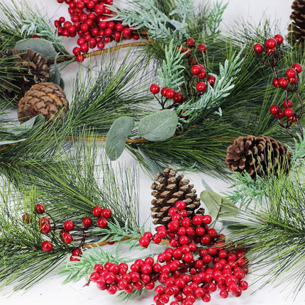 6' Long Christmas Artificial Pine Needle Garland Wired Rustic Twig Vine Birch Garland with Assorted Faux Red Berries Eucalyptus Leaves Natural Pine Cones Fir Sprigs Garland Holiday Season Winter Decor