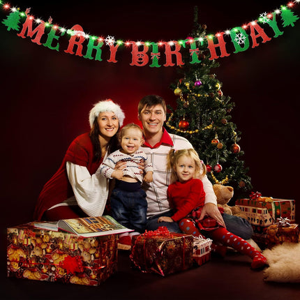 Merry Birthday Banner with Light, Christmas Birthday Party Decorations with 8 Modes Flashing String Lights for Kids Birthday Party Decorations, Christmas Birthday Garland Wall Fireplace Home Decor
