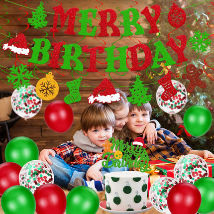 Christmas Birthday Decorations Merry Birthday Banner Christmas Cake topper Red Green Hanging Swirls Balloons for Merry Christmas Tree Winter Snow Happy Year Theme Party Supplies 46 PCS