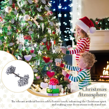 SallyFashion 200PCS Christmas Glitter Berries Stems, 5.3" Silvery Berry Stems for Christmas Tree Ornaments Artificial Christmas Picks for DIY Xmas Wreath Crafts Holiday Home Decor