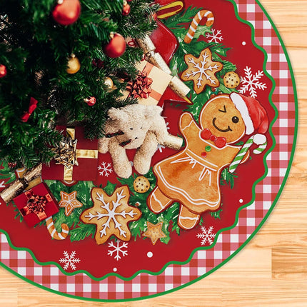 Gingerbread Man Christmas Tree Skirt 36 Inches Lace-up Wreath Bow Snowflake Artificial Xmas Tree Skirt, Red Buffalo Plaid Check Indoor Decoration Farmhouse Holiday Party Home Decor