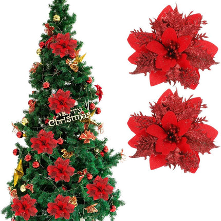 TOYANDONA 24 Pieces Christmas Glitter Poinsettia Flowers Christmas Tree Ornaments Artificial Flowers for Christmas Wreath Decoraiton (Red)