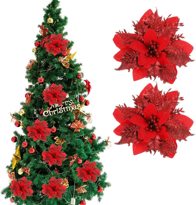 TOYANDONA 24 Pieces Christmas Glitter Poinsettia Flowers Christmas Tree Ornaments Artificial Flowers for Christmas Wreath Decoraiton (Red)