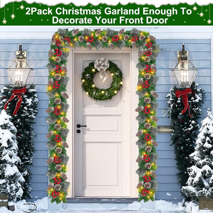 [ 2 Pack & Timer 8 Modes ] 9 Ft 100 LED Each Prelit Christmas Garland Lights 300 Thick Branch 198 Red Berry 18 Snowy Pinecone Waterproof Xmas Garland Christmas Decorations, Total 18 Ft 200 Warm Lights