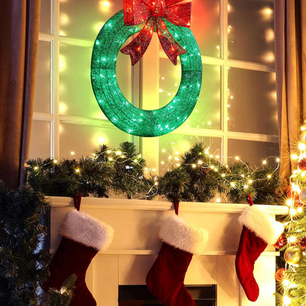 Brightown 24in Lighted Christmas Wreath Decorations, Outdoor Christmas Wreaths Holiday Decor with Bow Ribbon 60 LED Lights for Front Door Windows, Xmas s, Party Supplies, Home, Patio Lawn, Garden