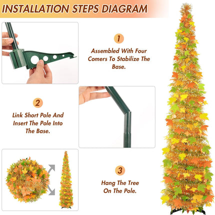 5FT Fall Pop Up Tree with 60 Lights, Lighted Fall Artificial Tinsel Maple Trees, Battery Operated with Timer Collapsible Tinel Maple Tree Fall Harvest Thanksgiving Porch Home Party Decor