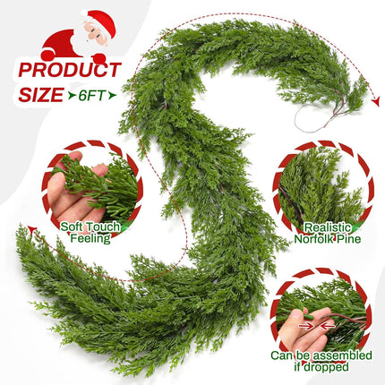 6 Ft Christmas Norfolk Pine Garland Artificial Pine Greenery Garlands Real Touch Winter Pine Garland for Mantle Fireplace Stairs Railing Table Wall Front Door Porch Home Decor
