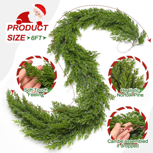 6 Ft Christmas Norfolk Pine Garland Artificial Pine Greenery Garlands Real Touch Winter Pine Garland for Mantle Fireplace Stairs Railing Table Wall Front Door Porch Home Decor
