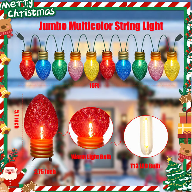 Jumbo Christmas String Lights 16FT Large Christmas Hanging Lights Pathway Marker Lights with 10 5'' LED Giant Diamond Multicolor Bulbs, Vintage Christmas Lights for Holiday Home Tree Roof Decor