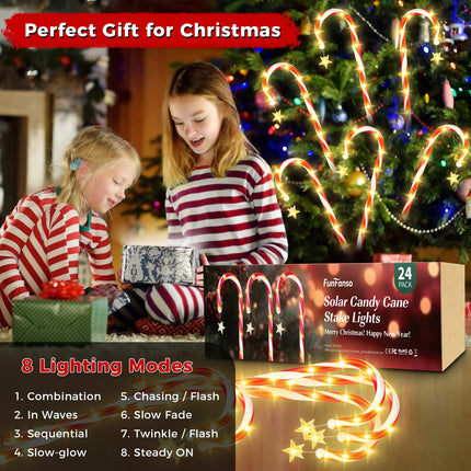 FunFanso 24 Pack Christmas Decorations Outdoor Candy Cane Lights, 288 Bright LED d Solar Christmas Pathway Lights Waterproof with Star, 8 Modes 21" Candy Xmas Lights Yard Outside Decorations