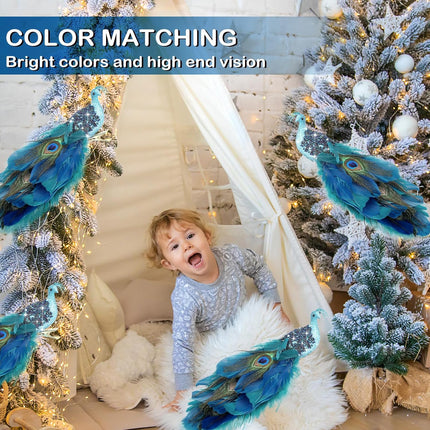 4 Pcs Peacock Christmas Tree Ornaments Long Tail Feather Peacock Christmas Decorations Glitter Peacock Bird Clip On Ornament for Xmas Tree Decor (Classic Style)