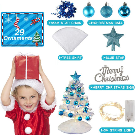 60CM Mini Christmas Tree,Artificial Christmas Tree with Hanging Ornaments,Christmas Tree Skirt,Christmas Ball Desktop Xmas Tree for Home, Kitchen, Dining Table DIY Christmas Decorations (White)