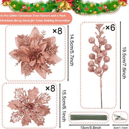 22 Pcs Rose Gold Christmas Poinsettia Artificial Flowers and Glitter Berries Stems Kit, Christmas Poinsettias Decorations and Christmas Tree Ornaments for Xmas Home Wedding Holiday Tree Decor