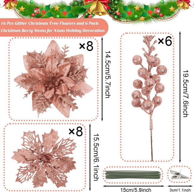 22 Pcs Rose Gold Christmas Poinsettia Artificial Flowers and Glitter Berries Stems Kit, Christmas Poinsettias Decorations and Christmas Tree Ornaments for Xmas Home Wedding Holiday Tree Decor