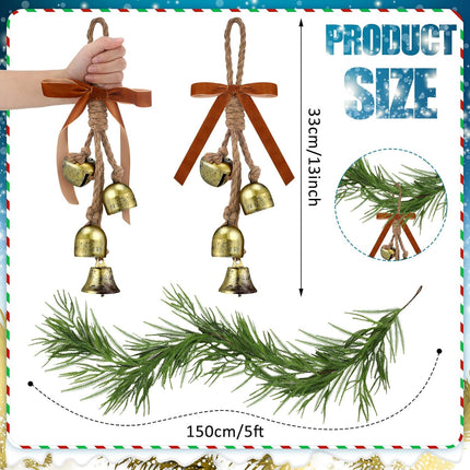 5 FT Christmas Garlands Norfolk Pine Garland Artificial Norfolk Garland Real Touch Pine Garland Faux Greenery Cedar Garland with 2 Set Cow Bells on Rope for Mantle Table Fireplace Holiday Winter Decor