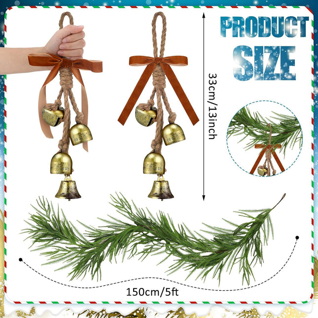 5 FT Christmas Garlands Norfolk Pine Garland Artificial Norfolk Garland Real Touch Pine Garland Faux Greenery Cedar Garland with 2 Set Cow Bells on Rope for Mantle Table Fireplace Holiday Winter Decor