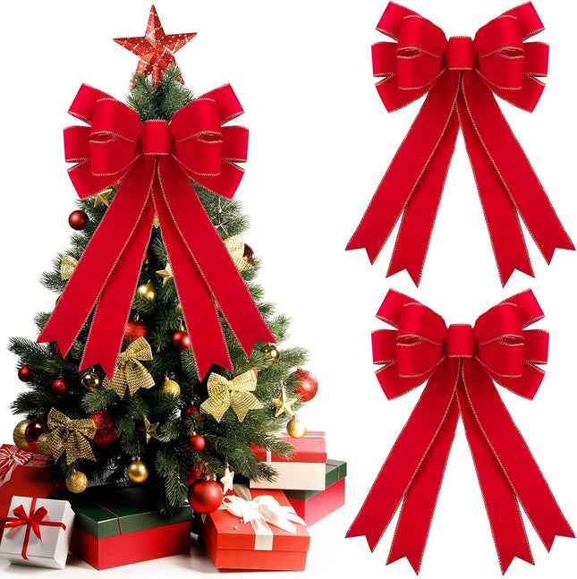 2 Pcs Red Christmas Bows Outdoor Decorations - 16”x24” Large Christmas Tree Topper Bow, Velvet Wreath Bow with Glitter Gold Edge for Xmas Home Front Door Decor
