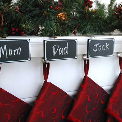 Haute Decor The Original MantleClip® Stocking Holder with Chalkboard Icons 4-Pack (Silver) - Personalize Your Christmas Mantel Stocking Hangers with Custom Names